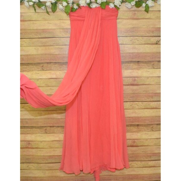 Halston Heritage Chiffon Peach Maxi Dress Womens 2 Silk Strapless Evening Prom - Picture 4 of 12